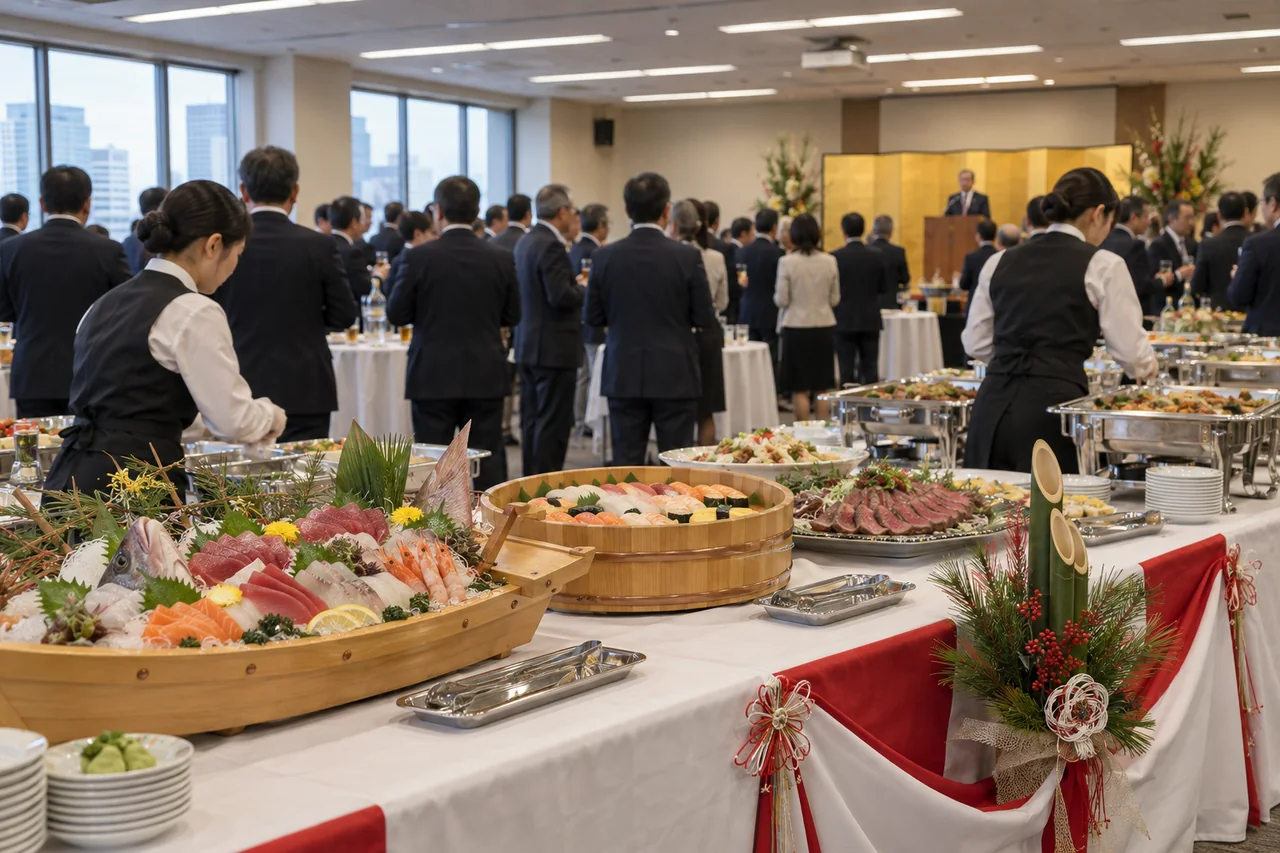 業界団体の新年の集いの会場イメージ（お造り船盛と桶寿司を並べた立食ビュッフェ）