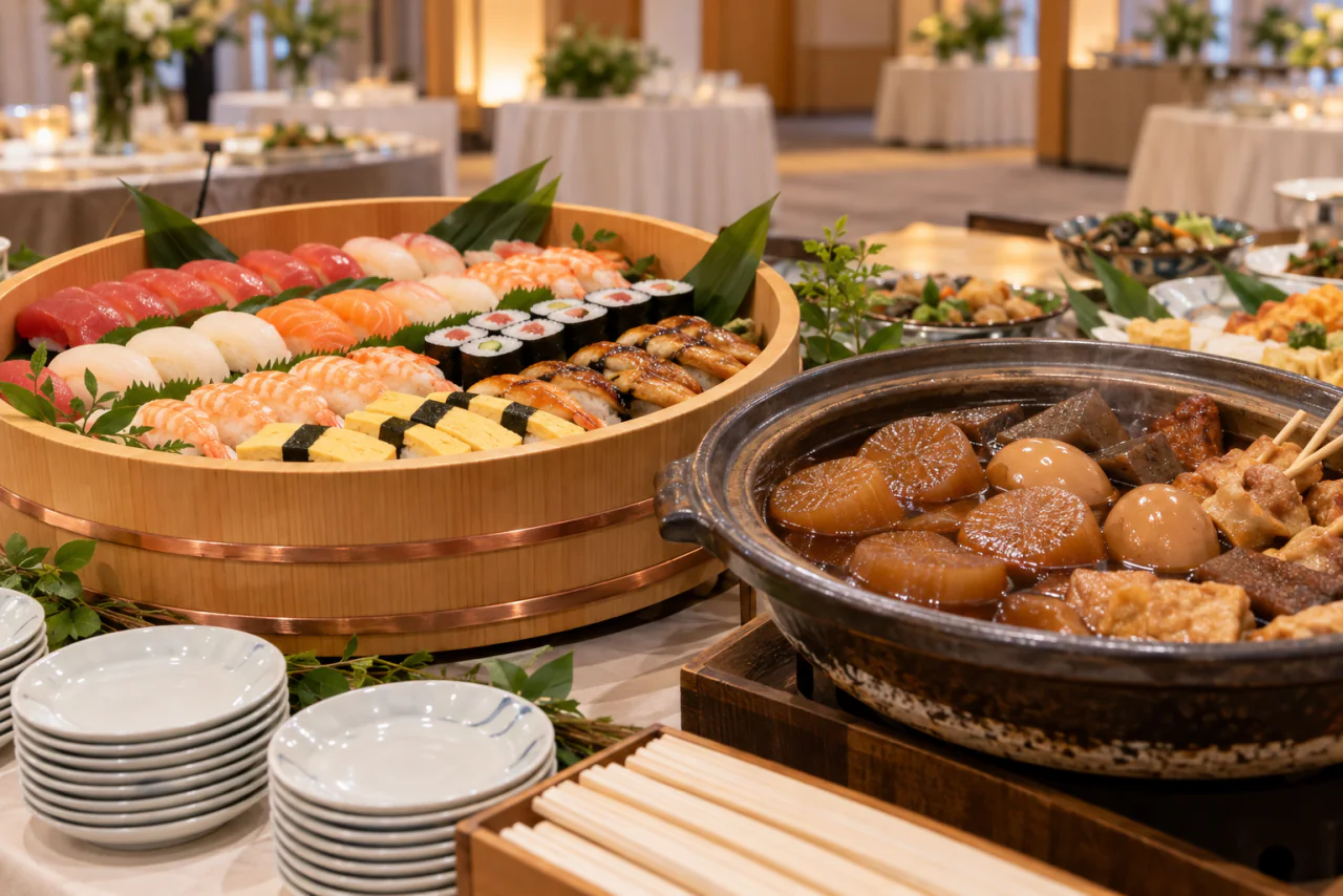 桶寿司と名古屋味噌おでんを並べた料理台のイメージ