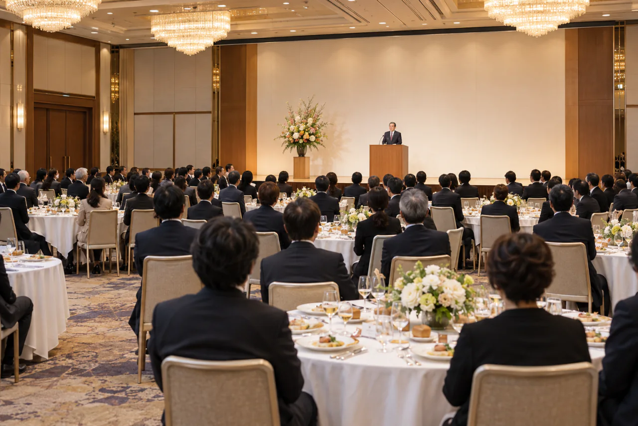 周年式典の祝宴で来賓が円卓に着席しているイメージ