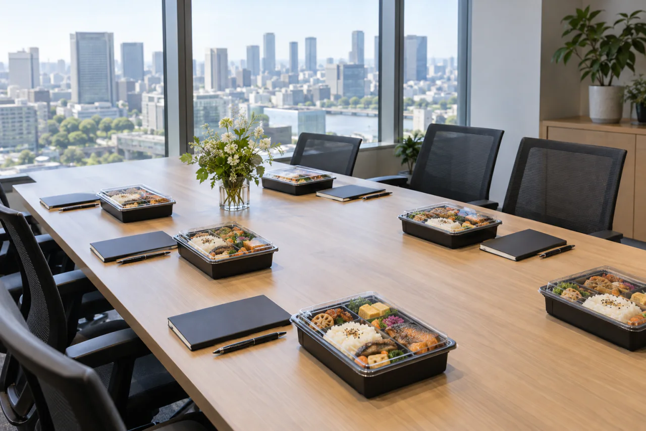 会議室の席にお弁当を並べた昼食休憩前のイメージ