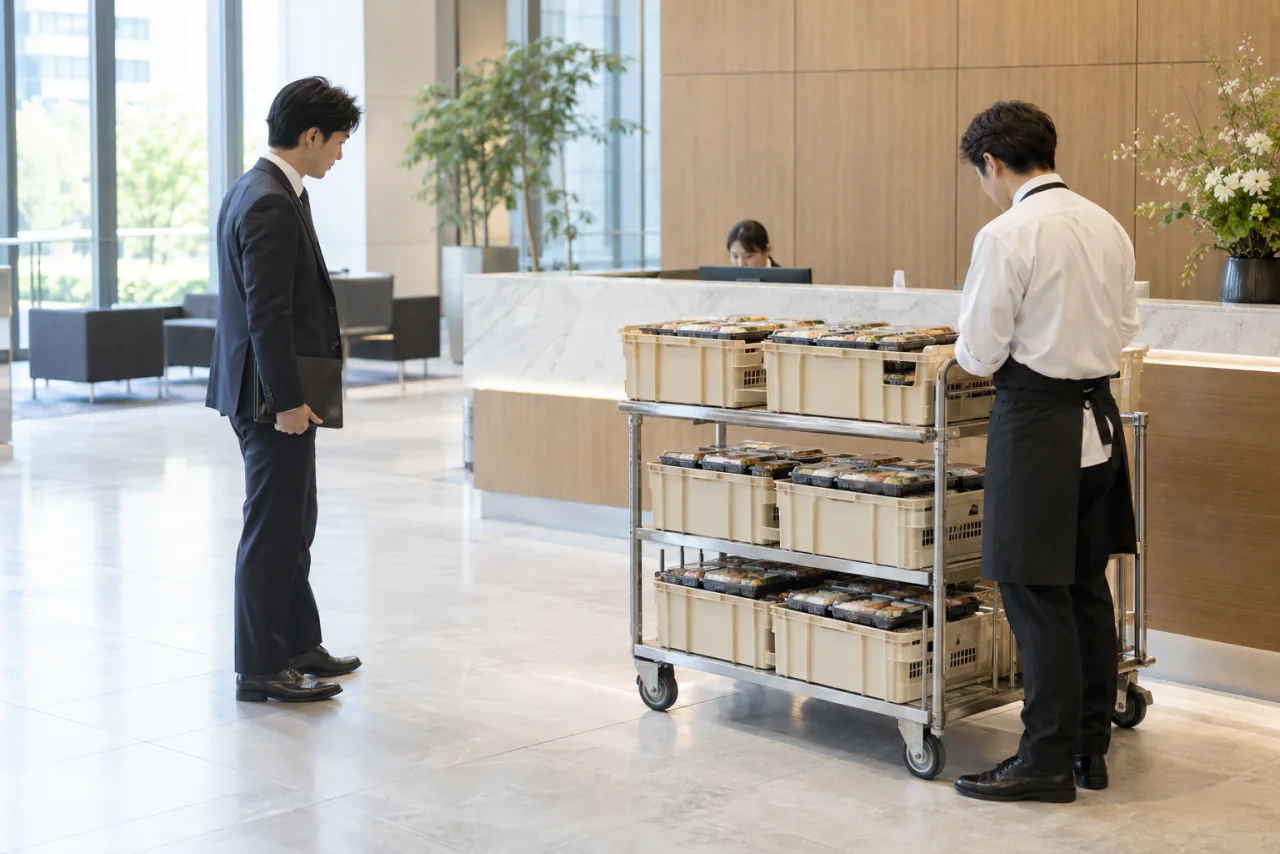 オフィスの受付でお弁当を受け取るイメージ