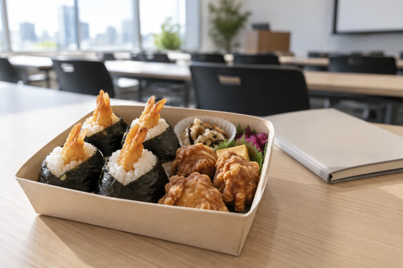 研修の休憩向けの軽食、てんむす弁当のイメージ
