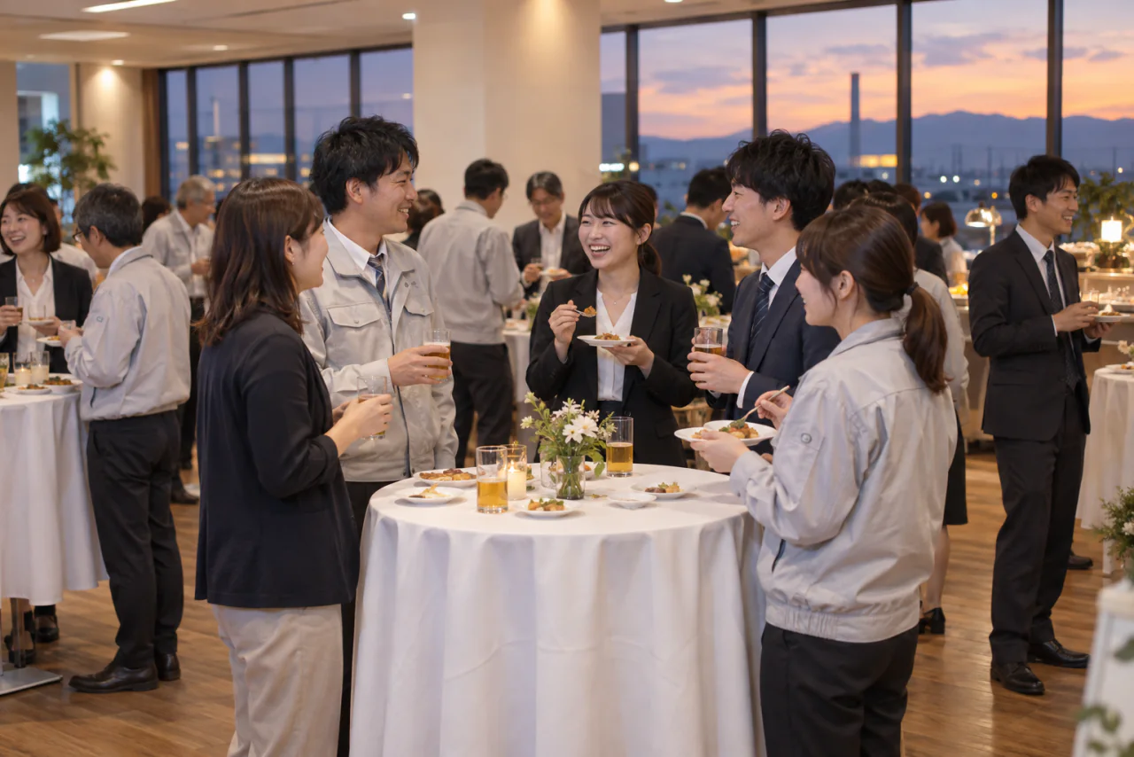 社員食堂で部署を越えて歓談する社内懇親会のイメージ