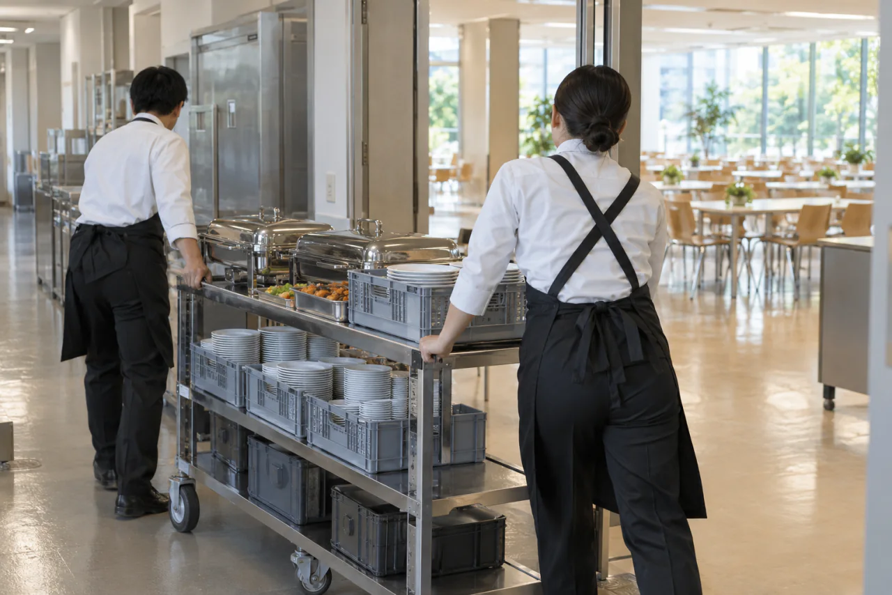 台車で食器と保温器を社員食堂へ運び込むスタッフのイメージ