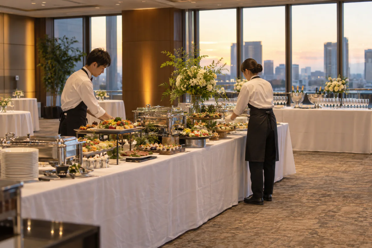 開宴前にスタッフが料理台と保温器を整える会場のイメージ