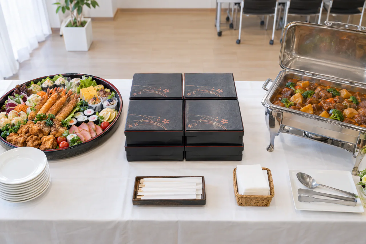 オードブルの大皿、お弁当、保温器の料理を並べたテーブルのイメージ