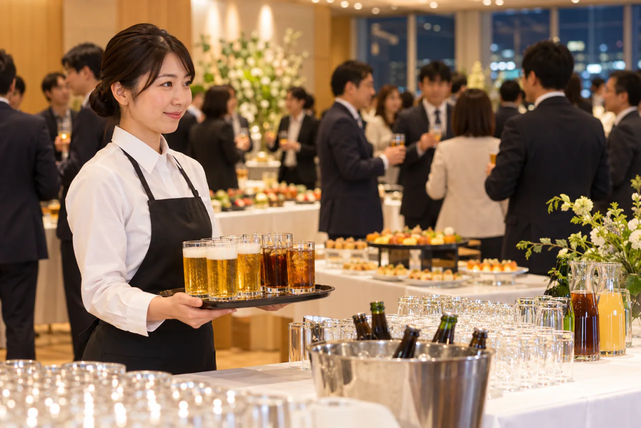 立食パーティーでスタッフがビールとお茶のグラスをトレーで運ぶイメージ