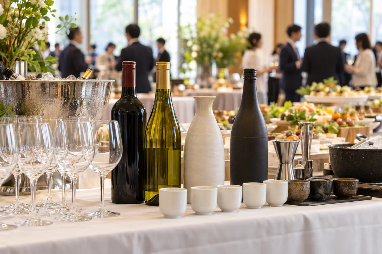 ワインや日本酒、焼酎の瓶とグラスを並べたドリンクテーブルのイメージ