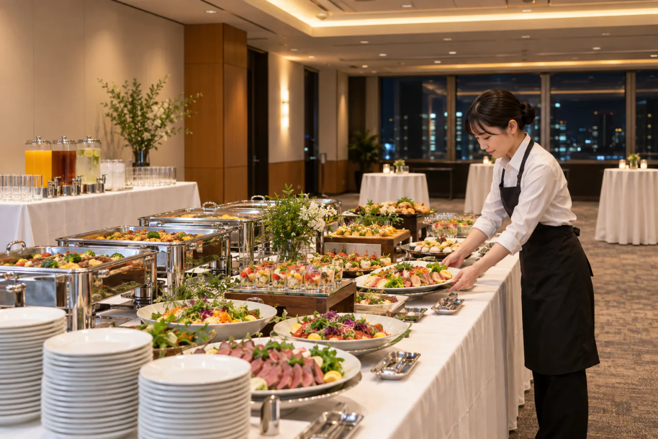 開宴前の会議室に、料理台とドリンクコーナーを整えた立食会場のイメージ