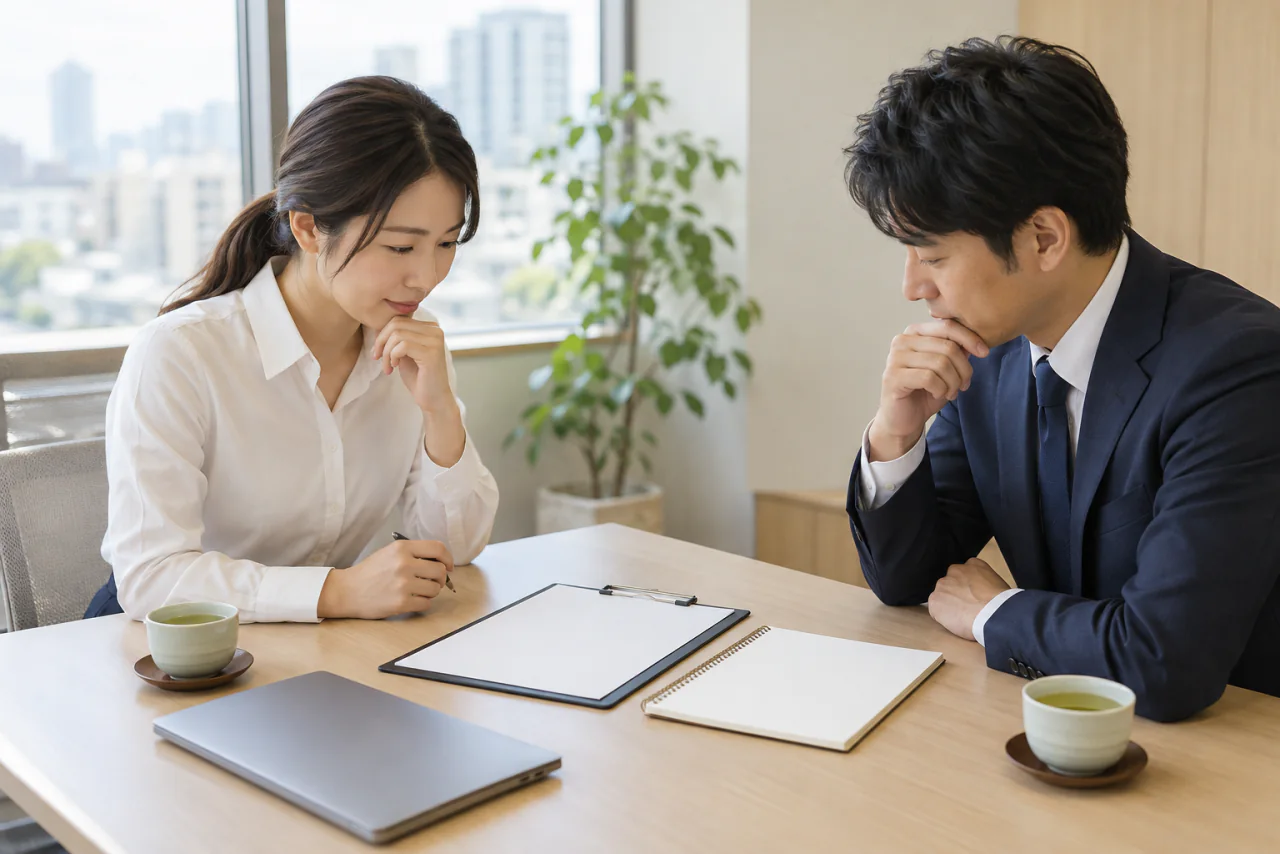 打ち合わせの席で、見積りの内容を担当者と確認するプランナーのイメージ