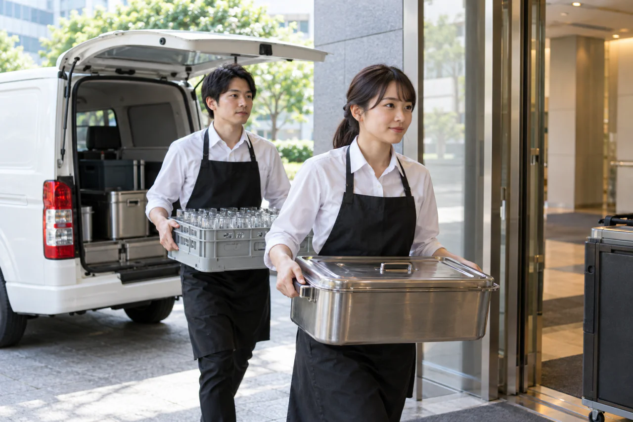 会場の搬入口で、料理と備品を運び入れるスタッフのイメージ