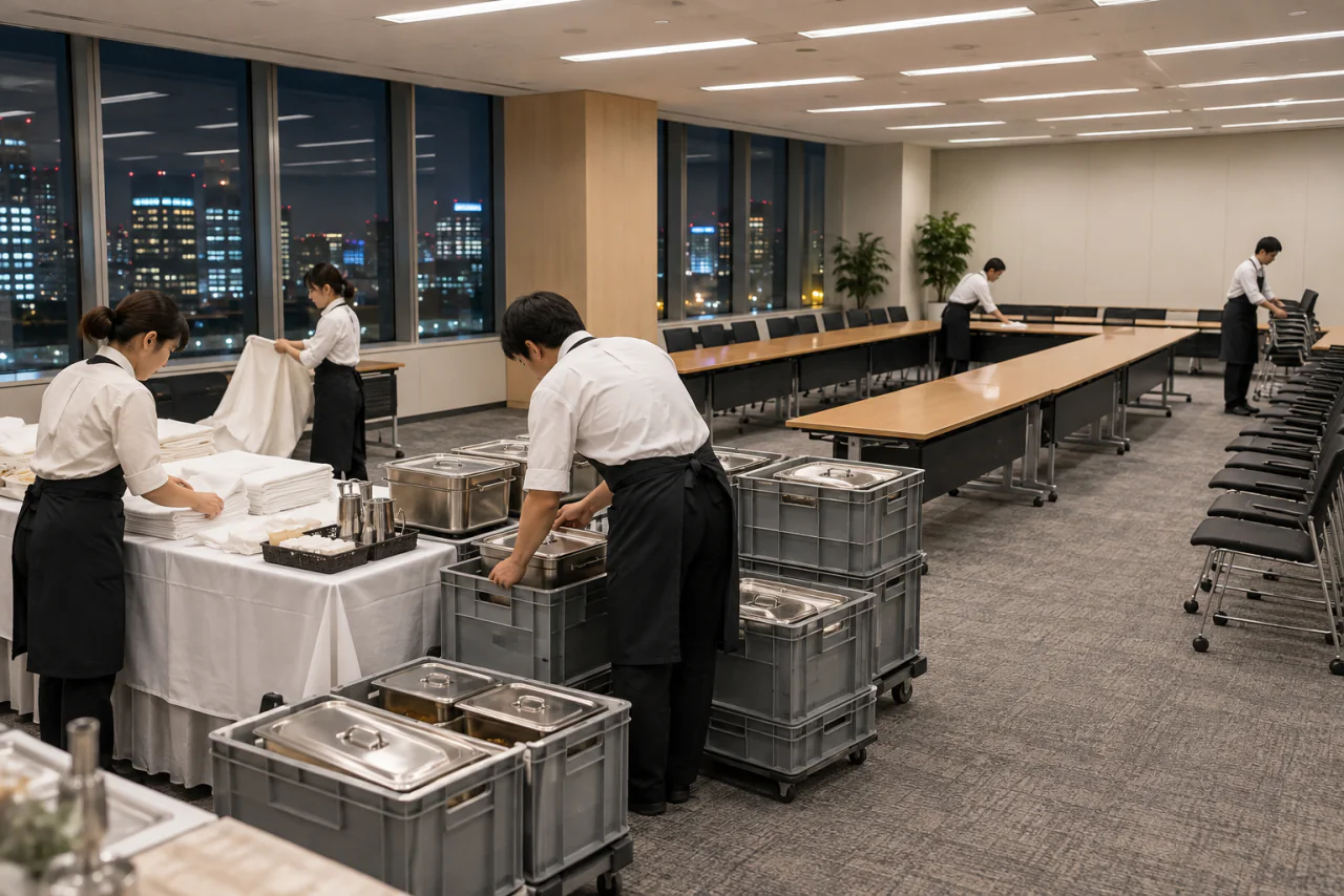 終宴後にクロスをたたみ、会議室を元の配置に戻すスタッフのイメージ