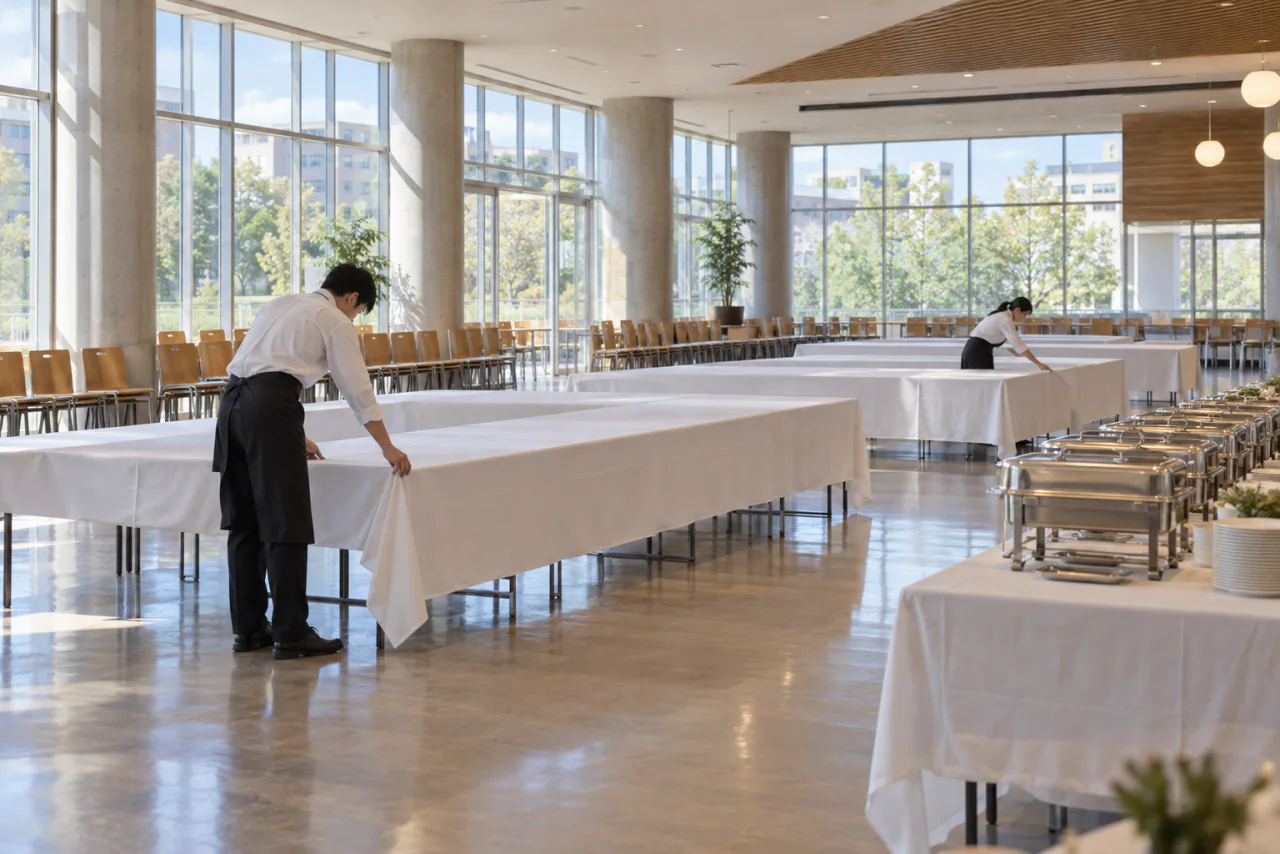 開宴前の食堂でテーブルクロスを掛け、料理台を設営するスタッフのイメージ