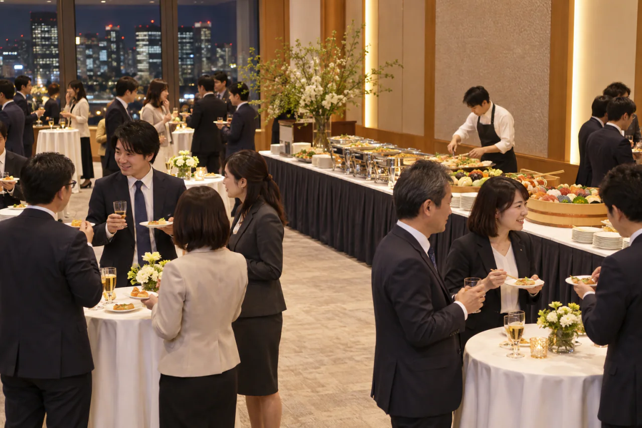 開宴中、スタッフが料理台の大皿を補充する立食パーティーのイメージ