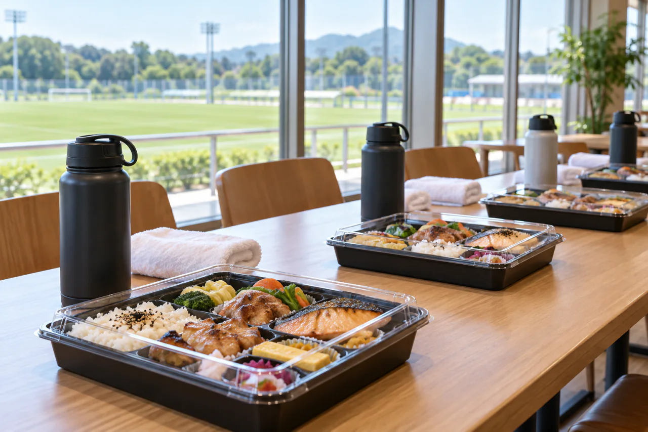 スポーツ施設の休憩室に並べた合宿の昼食のイメージ