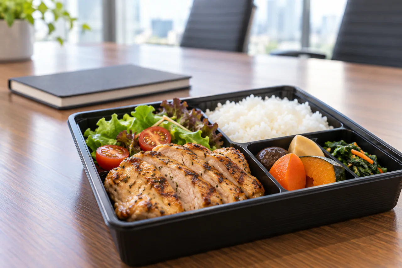 会議室の机に置いたチキングリル弁当のイメージ