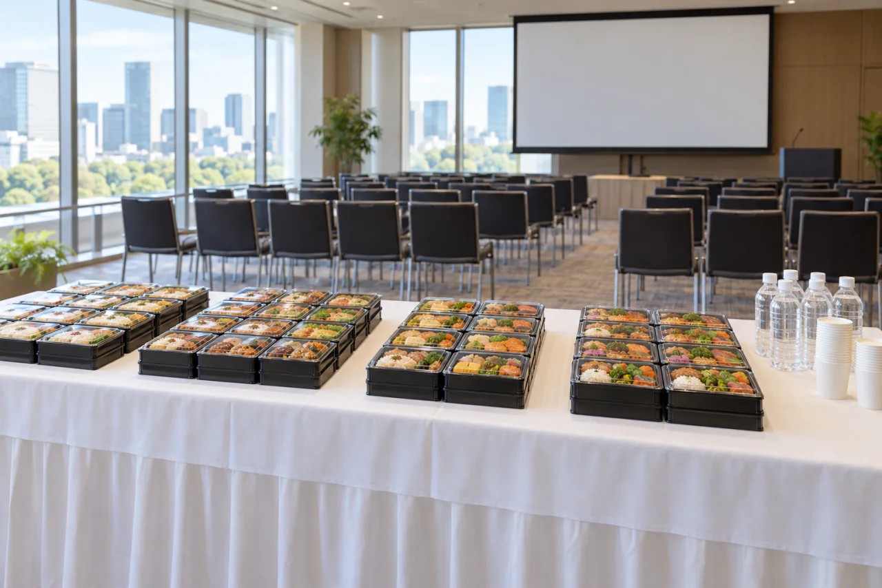 国際会議の昼食休憩前に種類ごとに分けて並べたお弁当のイメージ