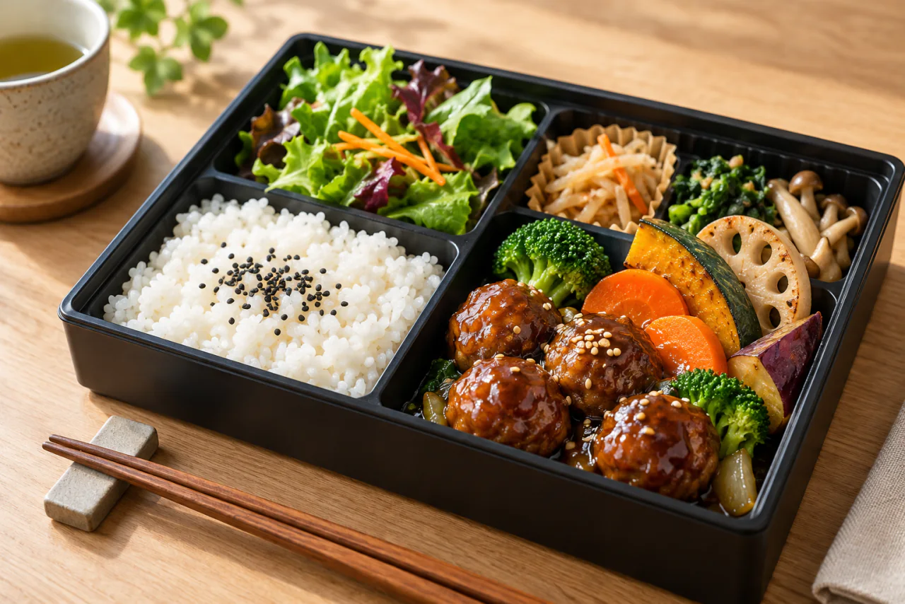 大豆ミートボールと野菜を詰めたビーガン向けのお弁当のイメージ