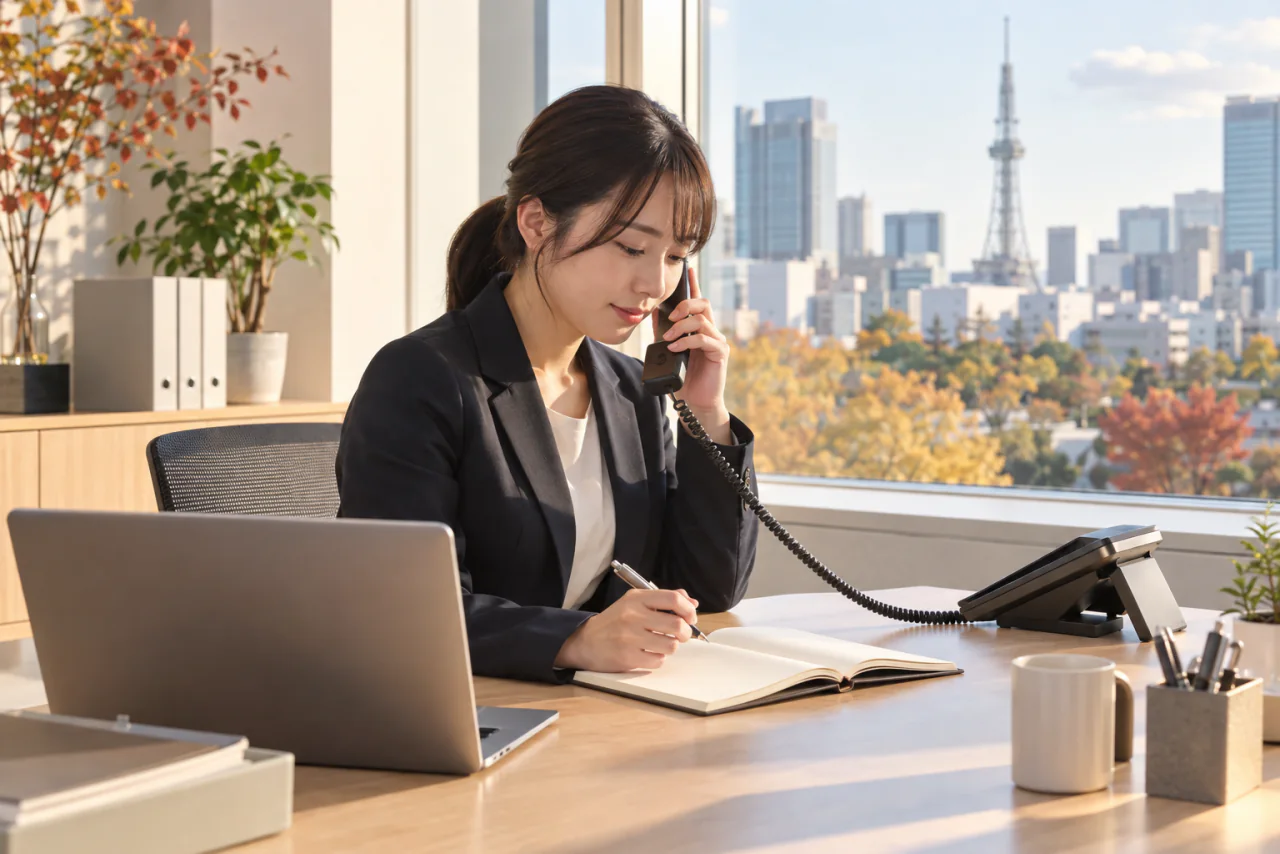 開催日が決まり、幹事がケータリング会社へ電話で相談するイメージ