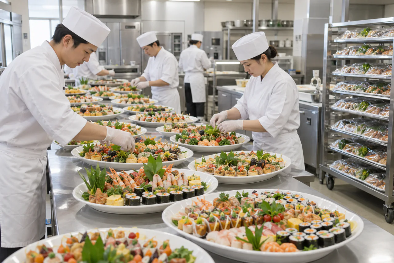 調理場で大皿の料理を準備する料理人のイメージ