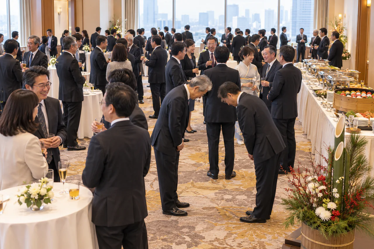 新年のご挨拶に集まった参加者が立食の会場で歓談するイメージ