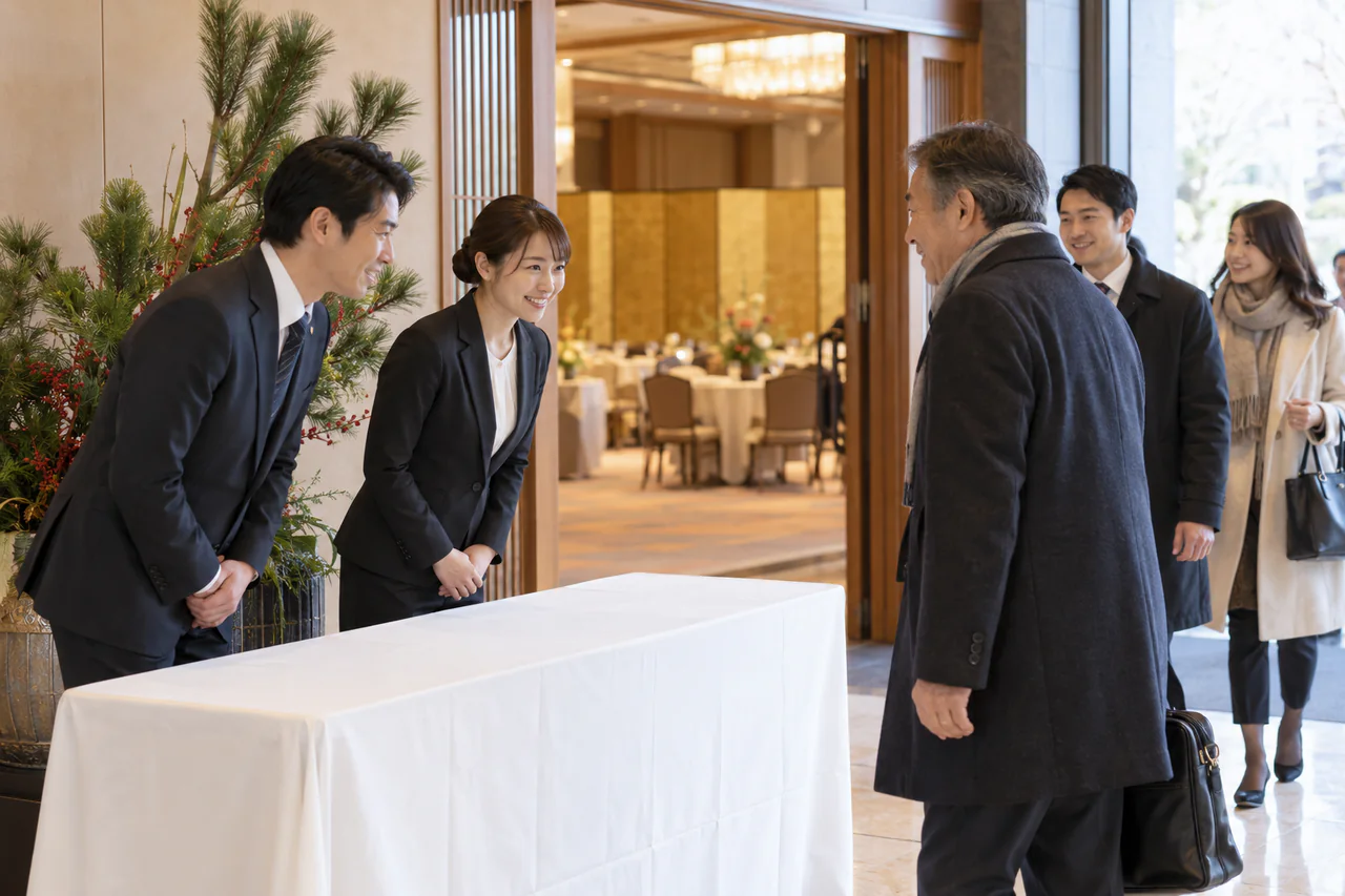 会場の入口で参加者を迎える受付のイメージ