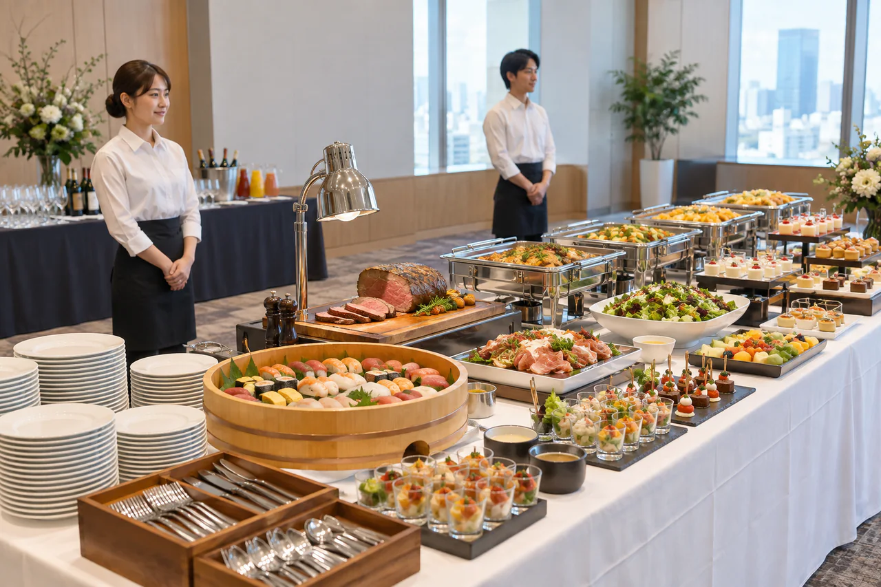 開宴前に料理と飲み物を並べ終えたケータリングのビュッフェ会場のイメージ