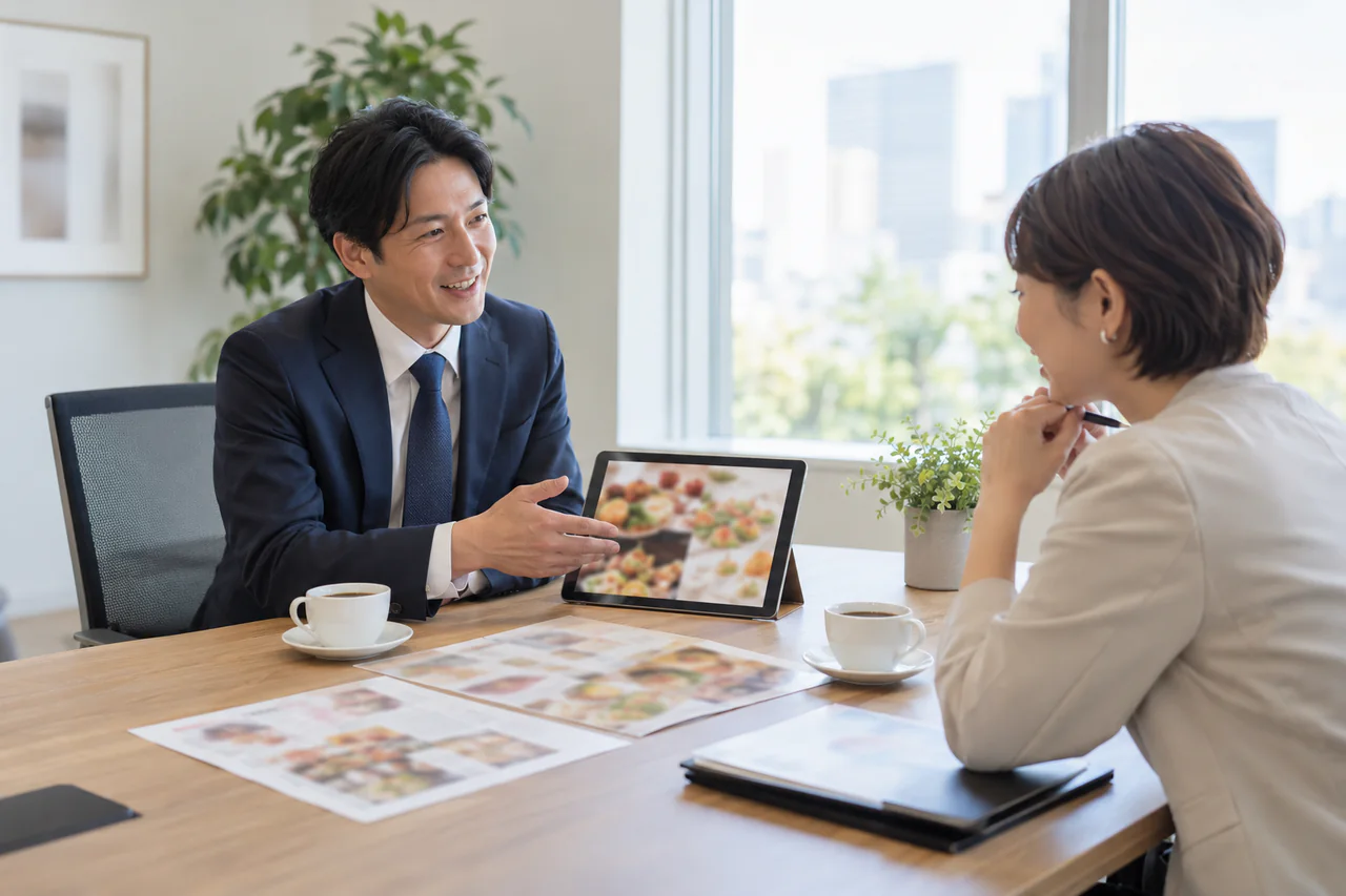 営業担当者と幹事がケータリングの内容を打ち合わせるイメージ