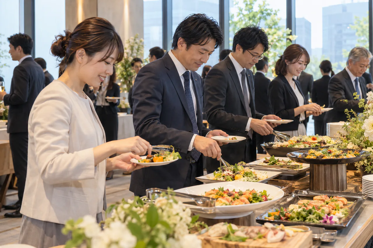立食パーティーで参加者が料理を少しずつ取り分けているイメージ
