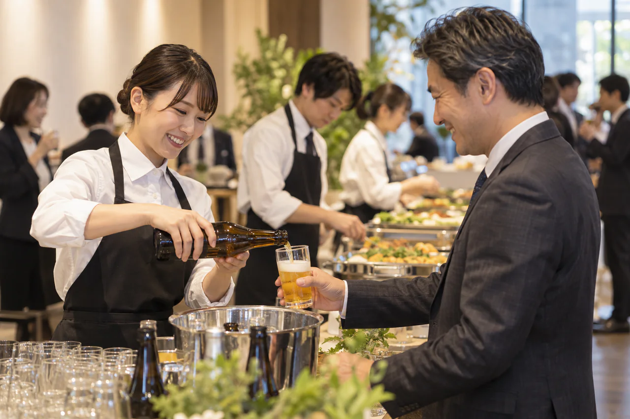 ドリンクコーナーでスタッフが参加者に飲み物を注ぐイメージ