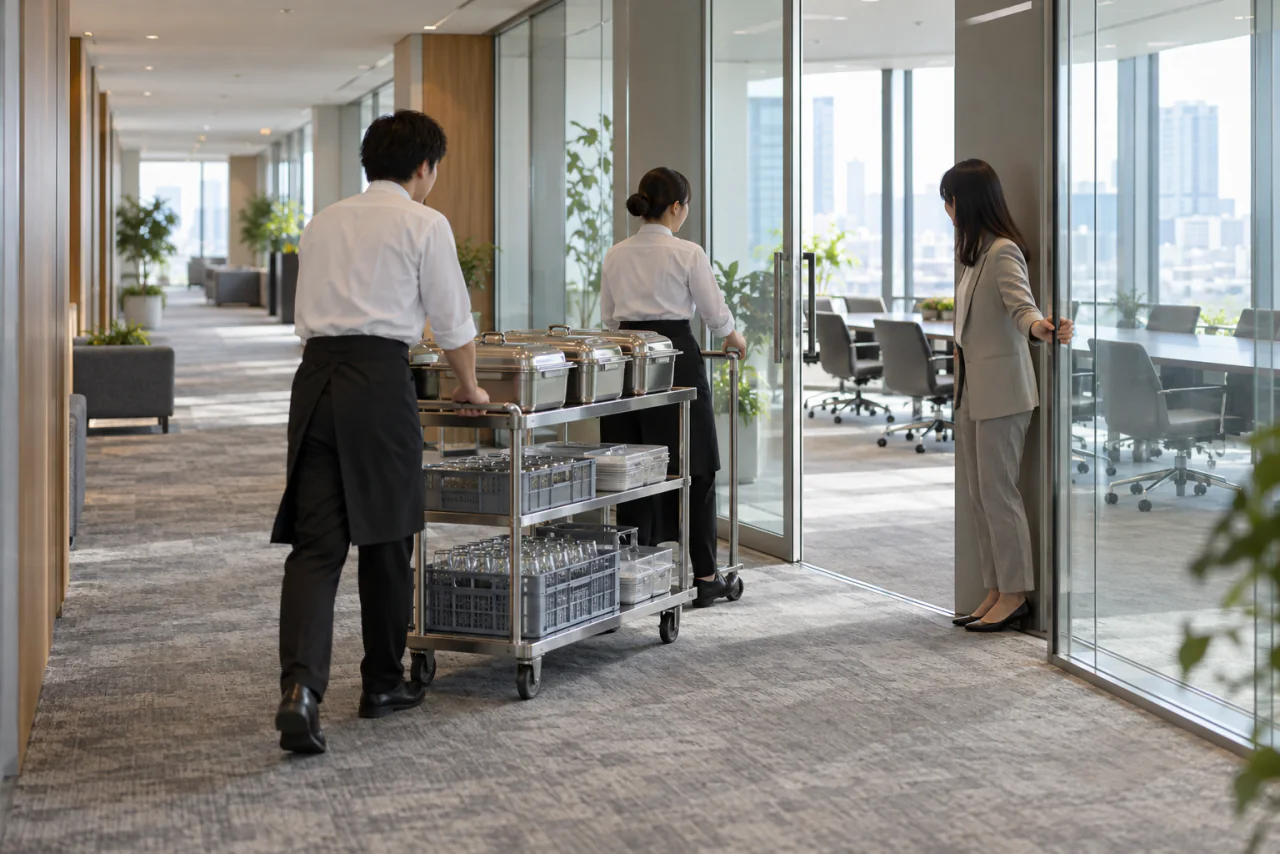 オフィスの廊下を通って、料理と備品を会議室へ運び込むスタッフのイメージ