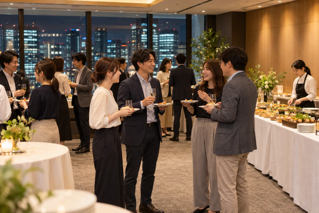 オフィスの会場で開く立食の懇親会のイメージ