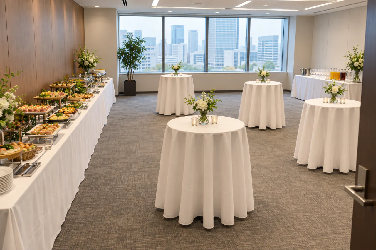 長机の料理台とドリンクの台を別の位置に置いた、会議室のレイアウトのイメージ