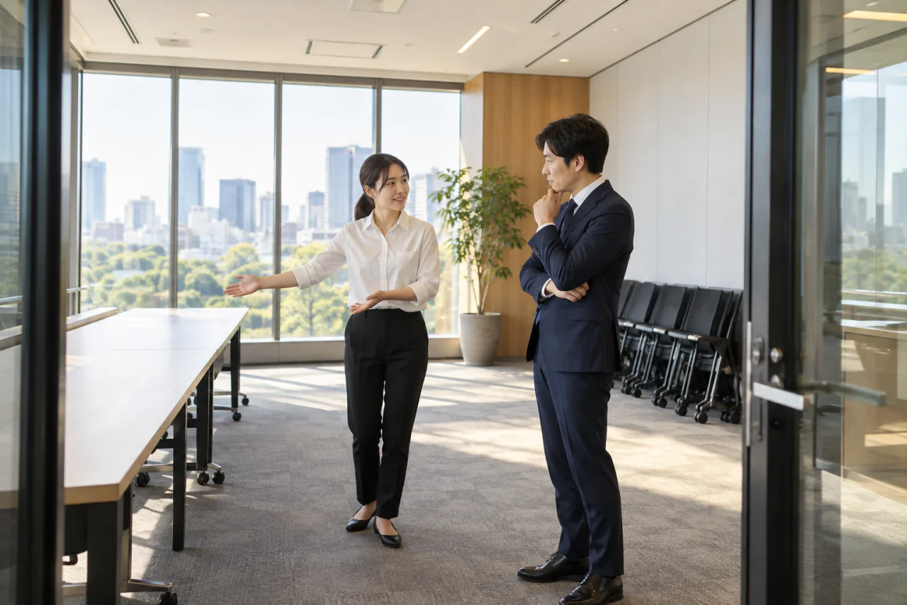 開催前に会議室を下見し、料理台とドリンクの位置を相談するイメージ