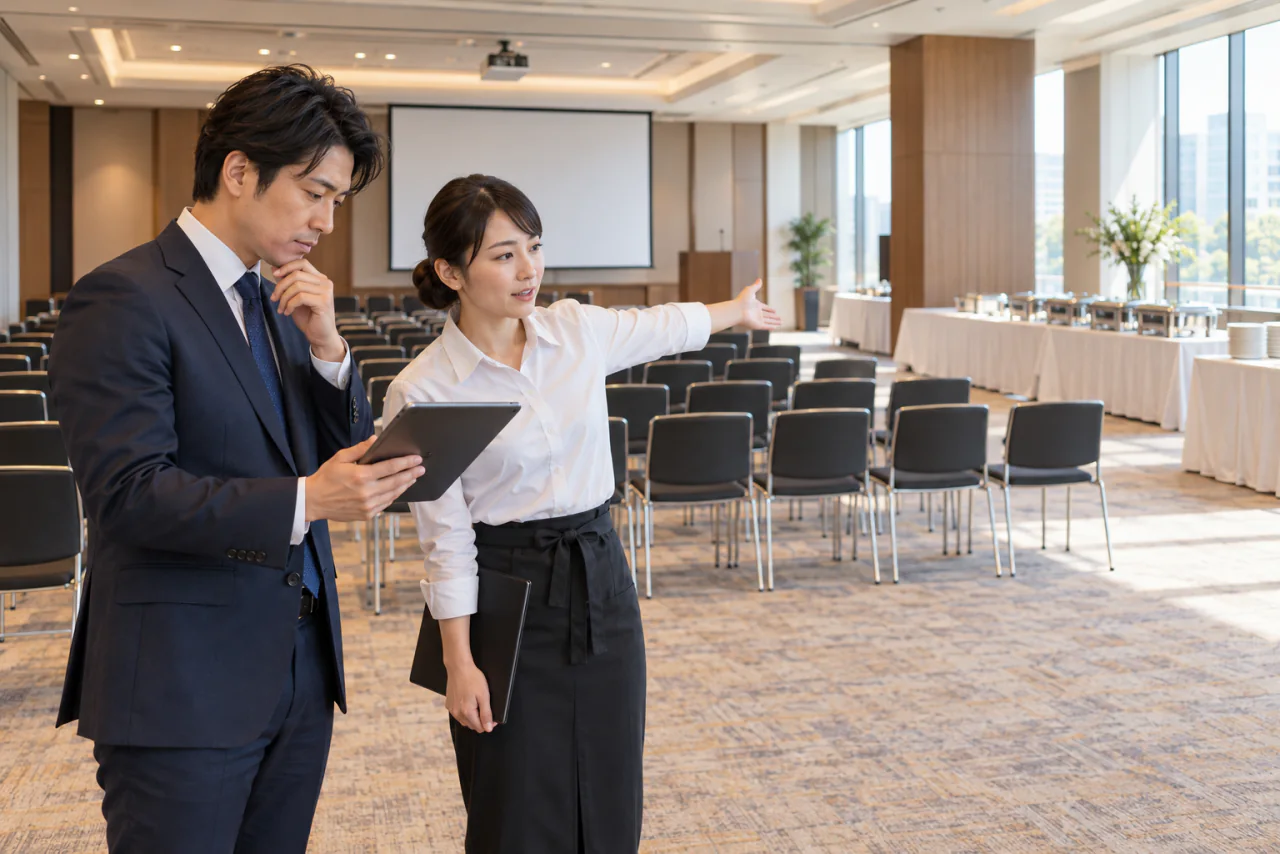 開宴前のセミナー会場で、料理台の位置を確認する幹事とプランナーのイメージ