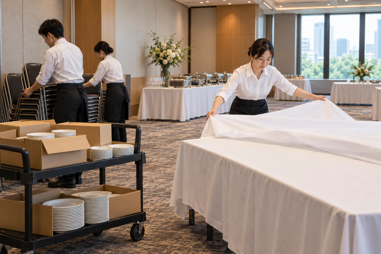 講演終了後に椅子を片付け、料理台を組み上げる会場転換のイメージ