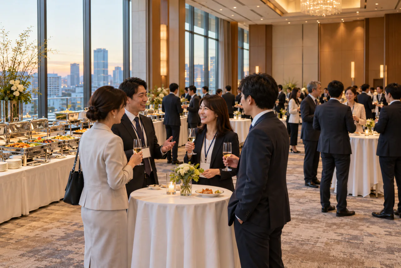 セミナー後の交流会に向けて会場に料理台を並べた、立食レセプションのイメージ
