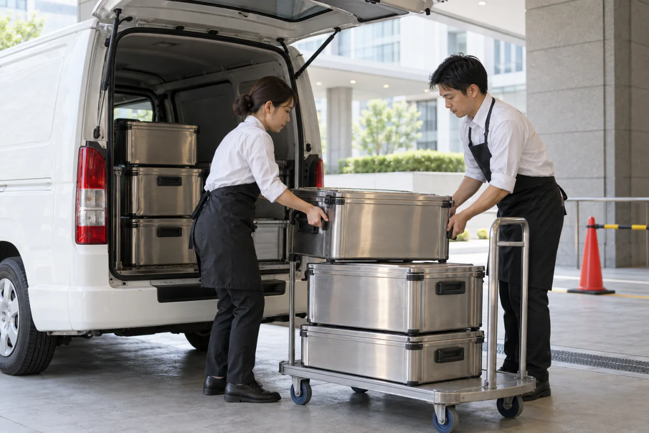 会場の搬入口で、保温ボックスを台車に移すケータリングスタッフのイメージ