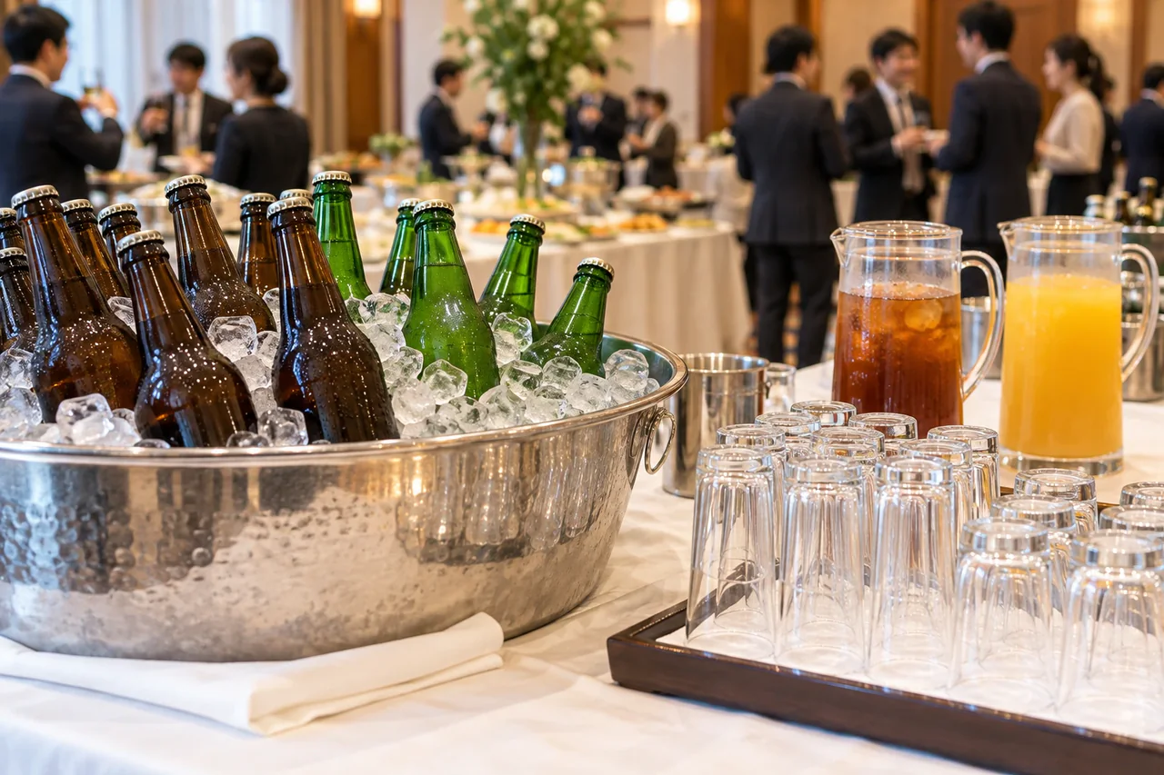瓶ビールを氷で冷やしたドリンクコーナーのイメージ