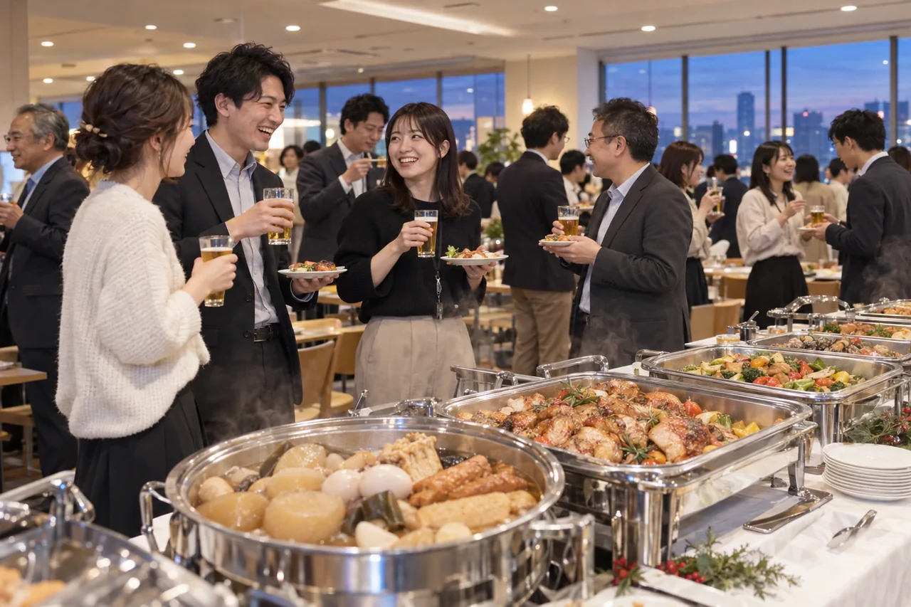 社員食堂で開いた忘年会で、保温器の料理を囲んで歓談する社員のイメージ