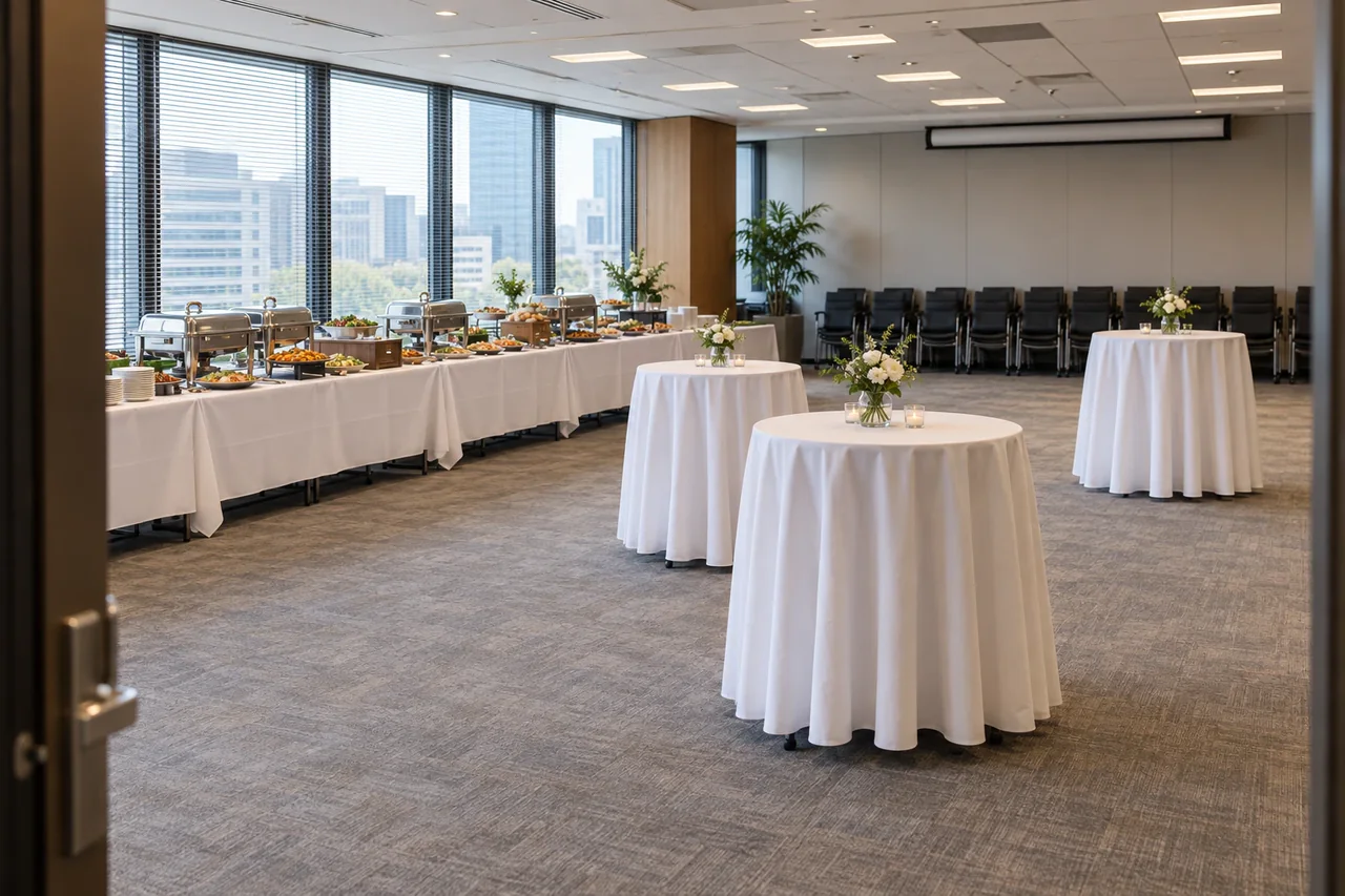 会議室を立食パーティーの会場にしつらえたイメージ