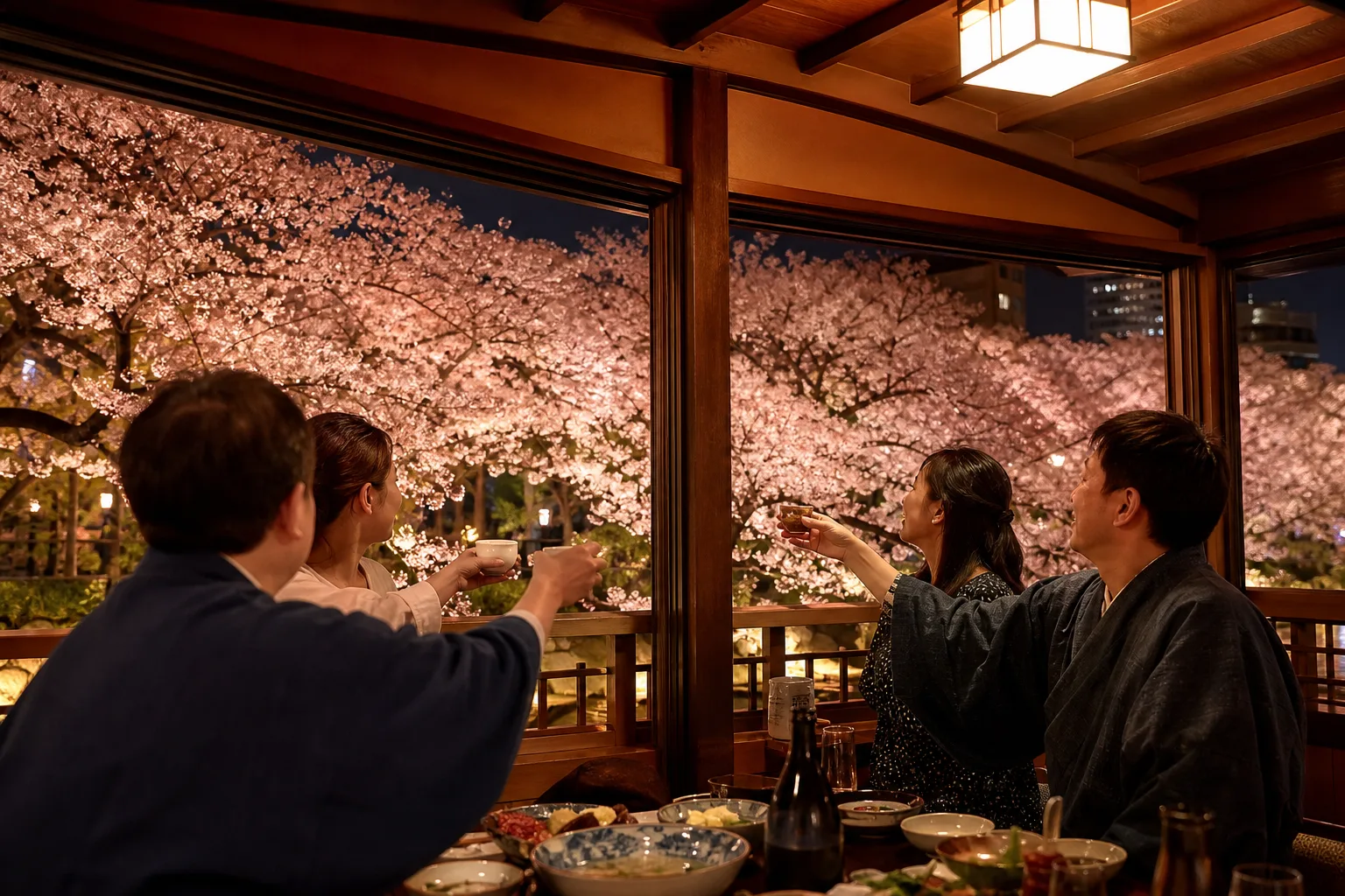 窓いっぱいの夜桜を眺めながら一献