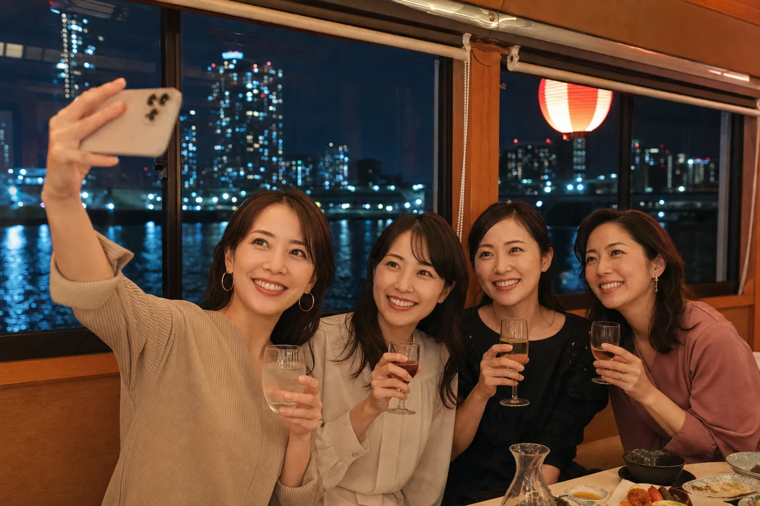 夜景バックの一枚は、船上ならでは